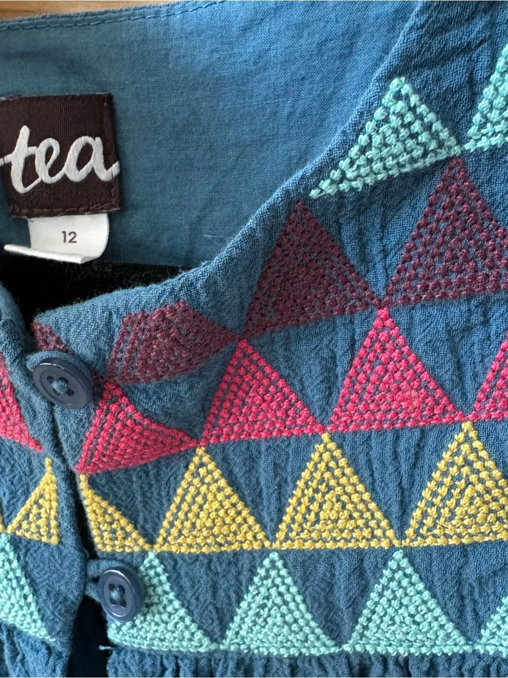 Tea Collection Blue Sleeveless Dress with Multicolor Triangle Embroidery